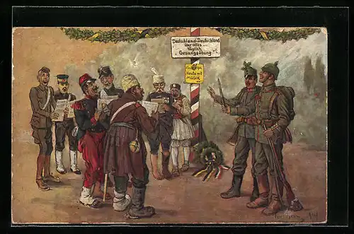 Künstler-AK Toni Aron: Tägliche Gesangsübung Deutschland, Deutschland über alles, Propaganda 1. Weltkrieg