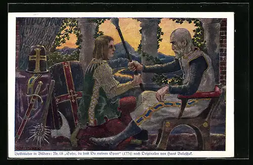 Künstler-AK Hans Baluschek: Volkslieder in Bildern, 18: Sohn, da hast Du meinen Speer