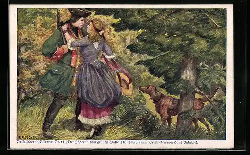 Künstler-AK Hans Baluschek: Jäger mit Hund und Dame im Wald, Volkslieder in Bildern Nr. 11