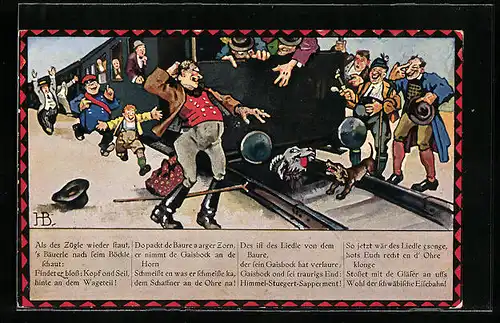 Künstler-AK Hans Boettcher: Ziege wurde vom Zug überfahren, Auf de schwäbische Eisebahne...