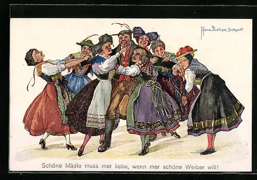Künstler-AK Hans Boettcher: Mann umringt von Frauen in Tracht
