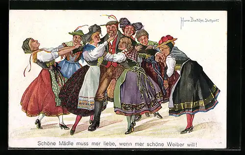 Künstler-AK Hans Boettcher: Mann umringt von Frauen in Tracht