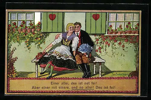 Künstler-AK Hans Boettcher: Verliebte auf Bank in Tracht