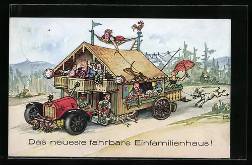 Künstler-AK Hans Boettcher: Das neueste fahrbare Einfamilienhaus!