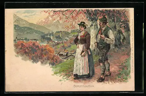 Künstler-Lithographie Fritz Bergen: Berchtesgaden, Paar in Tracht beim Wandern