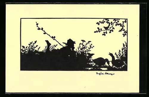 Künstler-AK Josefine Allmayer: Bub mit Rute am Ententeich, Scherenschnitt