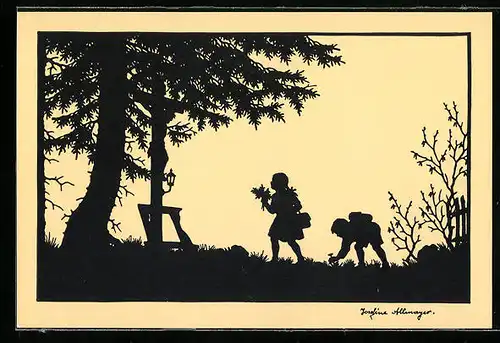 Künstler-AK Josefine Allmayer: Kinder an einem Wegekreuz am Waldesrand