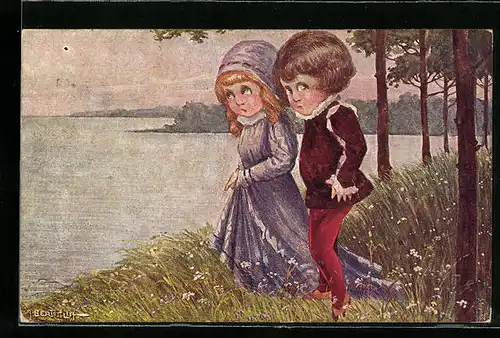 Künstler-AK A. Bertiglia: Liebespaar am Seeufer