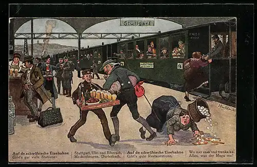 Künstler-AK Hans Boettcher: Stuttgart, Ausgerutschte Frau mit Eierkorb am Bahnhofsrestaurant, Schwäbische Eisenbahn