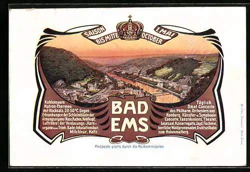 Passepartout-AK Bad Ems, Gesamtansicht, Krone