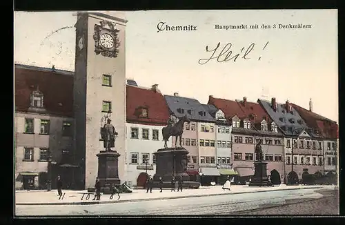 AK Chemnitz, Hauptmarkt mit den 3 Denkmälern