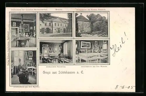 AK Schönhausen a. E., Credenztisch der deutschen Studentenschaft, Museum, Kirche, Bismarck-Geburtshaus