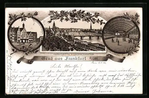 Lithographie Frankfurt-Sachsenhausen a. M., Gesamtansicht, Römer mit Römerberg, Kaisersaal