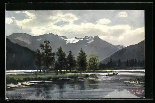 Künstler-AK August Splitgerber: Ruderpartie auf einem Gebirgssee, Chocolat Cailler
