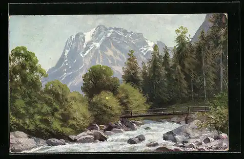 Künstler-AK August Splitgerber: Gebirgsidylle mit Fluss und Wald, Chocolat Cailler