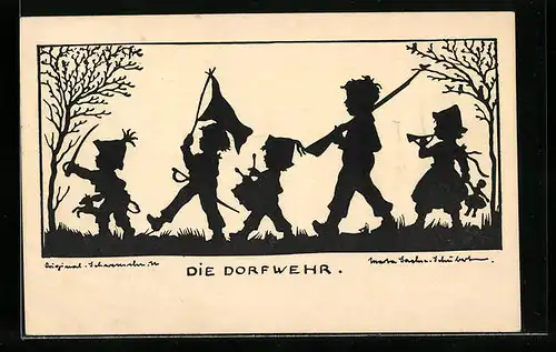 Künstler-AK Marta Sachse-Schubert: Die Dorfwehr, Buben marschieren mit Flagge, Trommel und Trompete