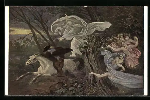 Künstler-AK Moritz von Schwind: Der Erlkönig, Angriff auf Reiter und Feen