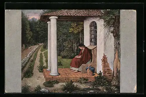 Künstler-AK Moritz von Schwind: Die Waldkapelle, Frau sitzt betend auf der Terrasse