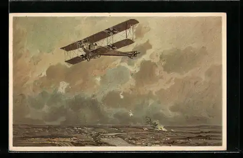 Künstler-AK Hans Rudolf Schulze: Militär-Doppeldecker (System Schneider) auf Erkundungsfahrt im Maastale