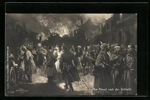 Künstler-AK Felix Schwormstädt: Am Abend nach der Schlacht, Soldaten in einer zerstörten Strasse