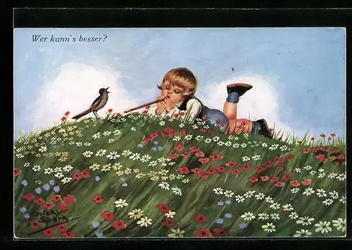 Künstler-AK Chicky Spark: Wer kann's besser? Bube und Vogel musizieren auf einer Blumenwiese