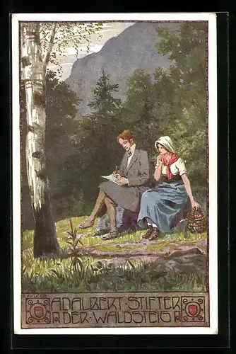 Künstler-AK Ernst Kutzer: Adalbert Stifter, Herr und Frau am Waldsteig