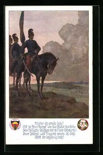 Künstler-AK Ernst Kutzer: Soldaten mit Fahne zu Pferde am Abend