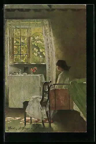 Künstler-AK sign. H. Slott-Moller: Morgenstimmung, Frau sitzt auf dem Bett, Dänische Kunst