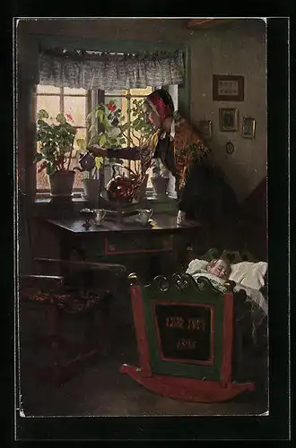 Künstler-AK sign. Valdemar Kornerup: Frau bei der Blumenpflege und Kind in der Wiege, Dänische Kunst