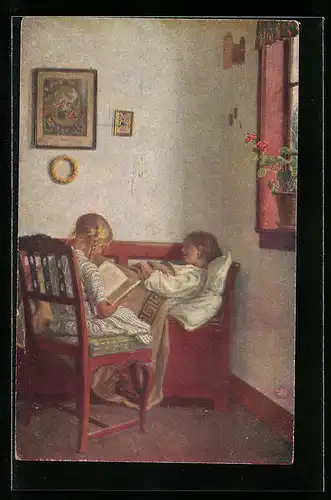 Künstler-AK sign. Alfr. Broge: Liebesdienst, Mädchen liest Frau aus einem Buch vor, Dänische Kunst