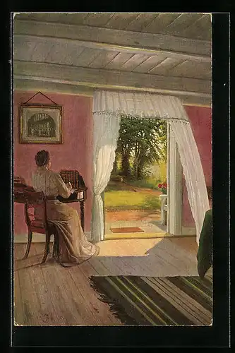 Künstler-AK sign. Sigvard Hansen: In der Sommerfrische, Frau sitzt an der Tür, Dänische Kunst