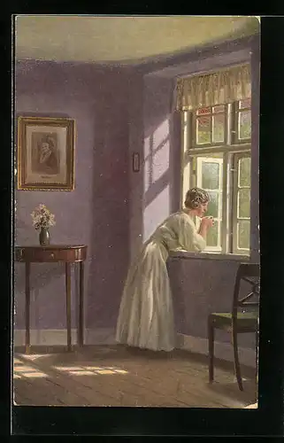 Künstler-AK sign. V. Krogh: Frau am Fenster an einem Sommermorgen, Dänische Kunst