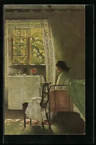 Künstler-AK sign. H. Slott-Moller: Morgenstimmung, Frau sitzt auf dem Bett, Dänische Kunst