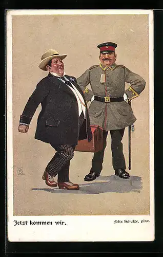 Künstler-AK Felix Schulze: Dicker Mann geht an einem Wachmann vorbei