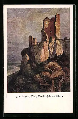 Künstler-AK Hans Rudolf Schulze: Burg Drachenfels am Rhein