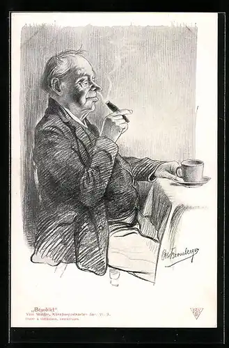 Künstler-AK sign. Bromberger: Bewölkt, Älterer Herr raucht Zigarre