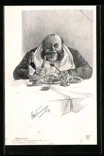 Künstler-AK sign. Bromberger: Wolkenlos, Dicker Mann beim Essen