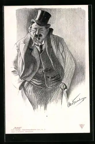 Künstler-AK sign. Bromberger: Nebel, Herr im Mantel mit Zigarette