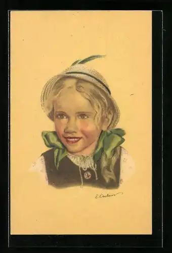 Künstler-AK sign. Evelein: Mädchen mit Federhut
