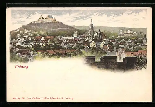 Lithographie Coburg, Gesamtansicht mit Schloss