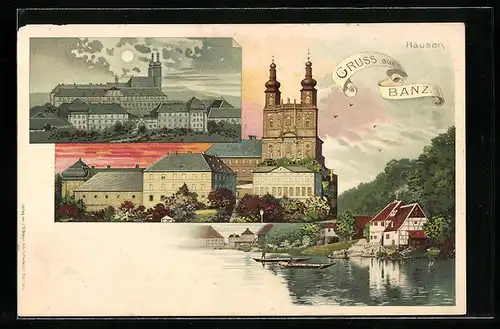 Lithographie Hausen, Schloss Banz bei Sonnen- und Mondschein