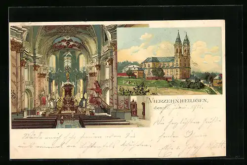 Lithographie Vierzehnheiligen, Kirche, Aussen- und Innenansicht