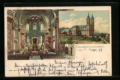 Lithographie Vierzehnheiligen, Kirche, Aussen- und Innenansicht