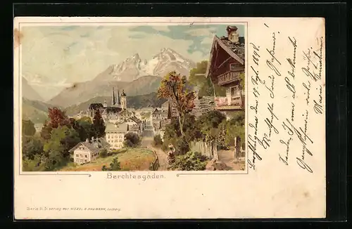 Lithographie Berchtesgaden, Teilansicht mit Gebirgswand