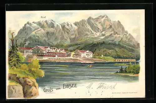 Lithographie Eibsee, Hotel mit Gebirgswand