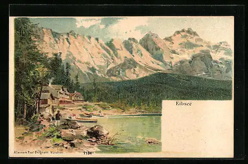 Künstler-AK Eibsee, Teilansicht mit Ufer und Gebirgswand