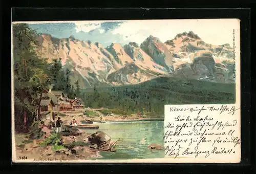 Lithographie Eibsee, Uferpartie mit Gebäuden