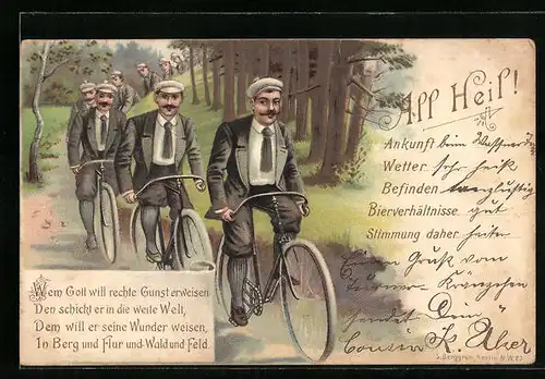 Lithographie All Heil!, Fahrradtour einer Burschenschaft