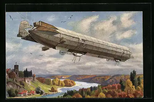 Künstler-AK Zeppelin`sches Luftschiff mit einem herbstlichen Landschaftspanorama