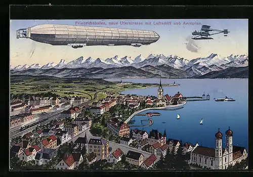 Künstler-AK Friedrichshafen /Bodensee, Neue Uferstrasse mit Luftschiff und Wasserflugzeug